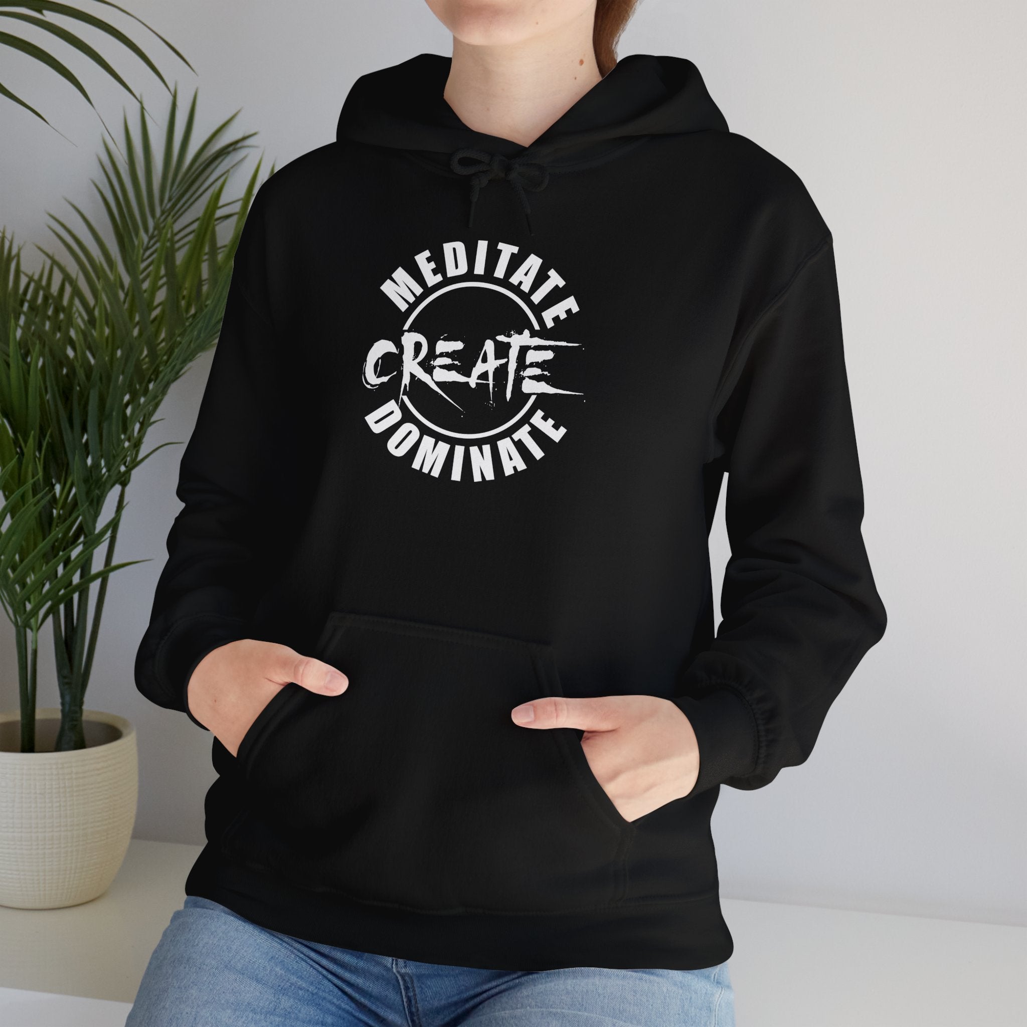 'Lax Apparels Meditate. Create. Dominate Faith-Based Motivational Hoodie, Unisex, Black Sweatshirt